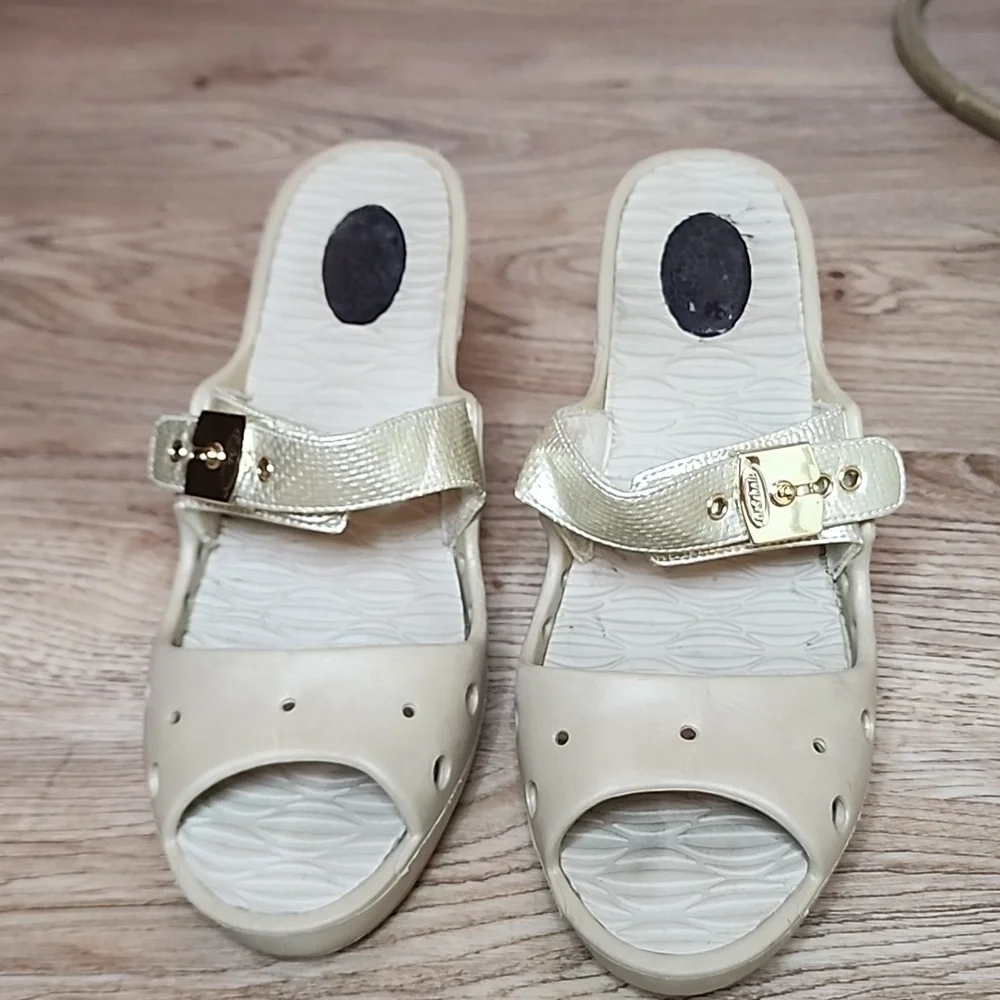 Dr Scholls Original Asana Buckle Open Toe Slide On Grey Heels Feel Good Shoes - Picture 2 of 13